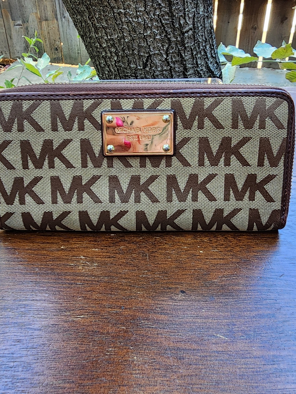 Michael Kors Jet Set Brown Monogram Zip Around Continental Wallet Studded Plate